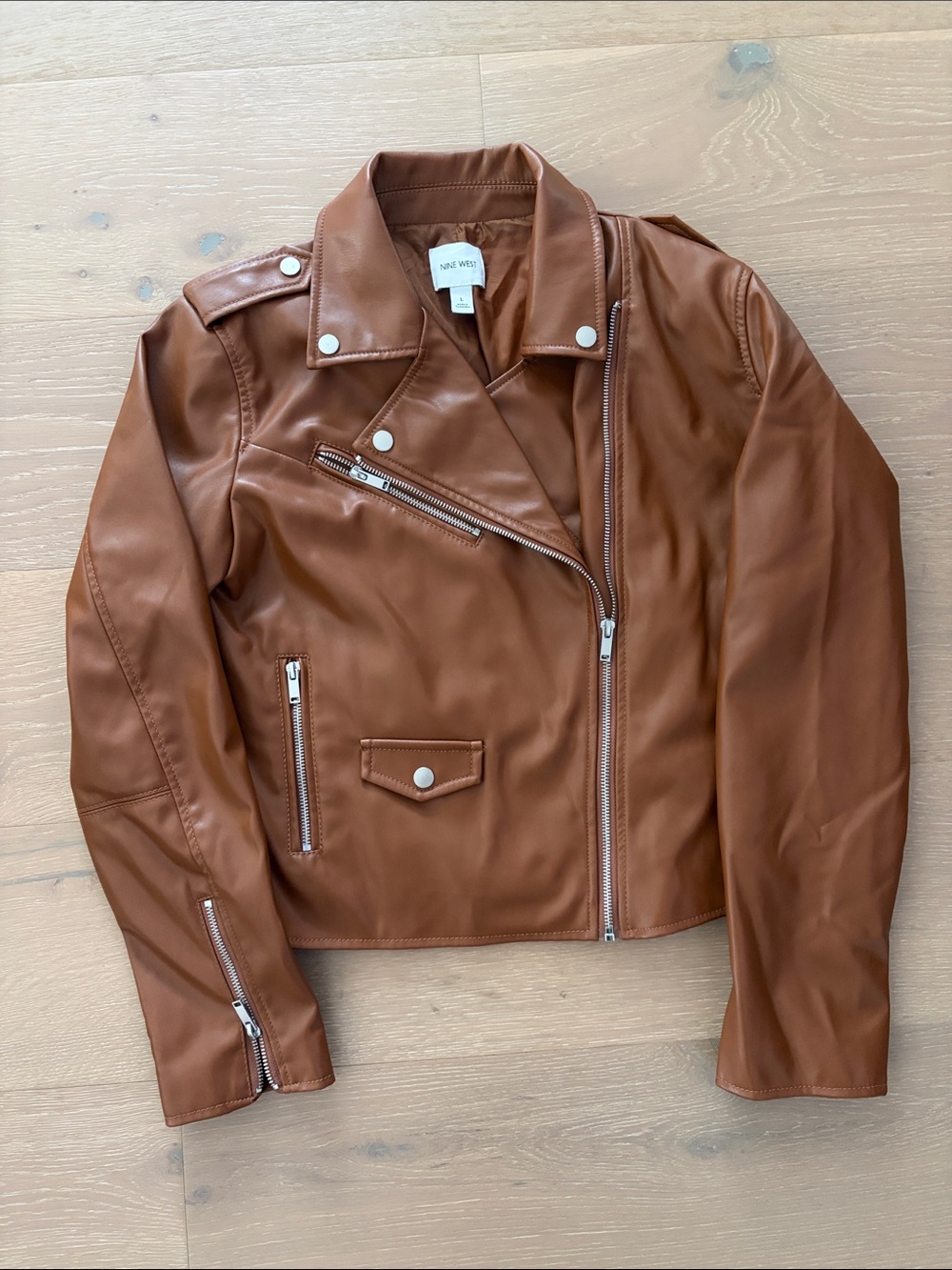 Nine West Cognac Brown Faux Leather Moto Jacket. Perfect Condition. Never Worn.
